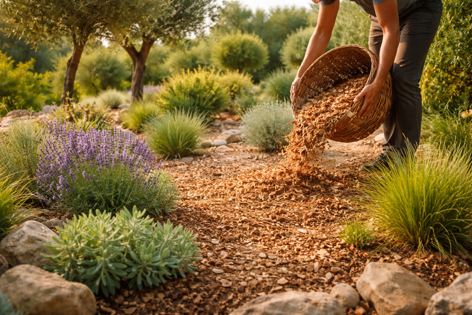 Paillage d'un jardin dans le Var